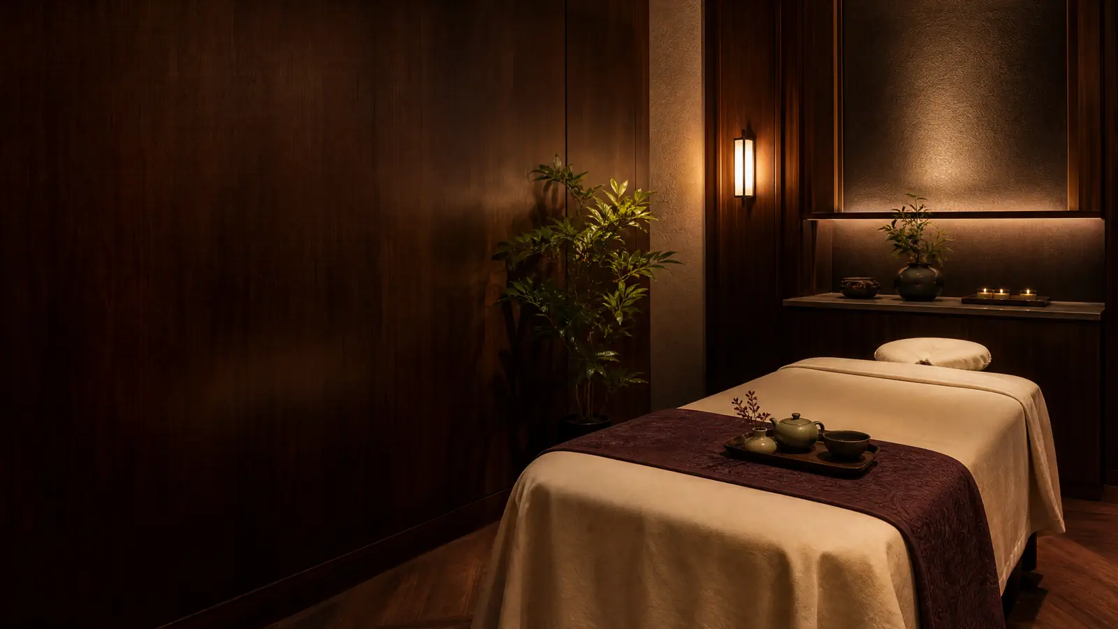 Warm rosewood wellness treatment room at Jui Spa