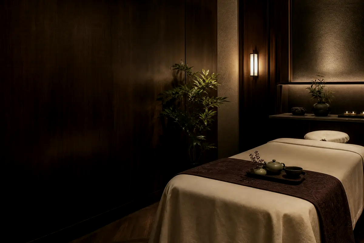 Warm stones and ivory towels in professional spa setting