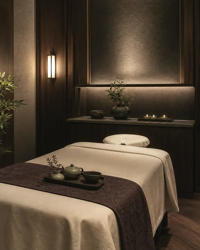 Quiet tea ritual at a calming spa reception
